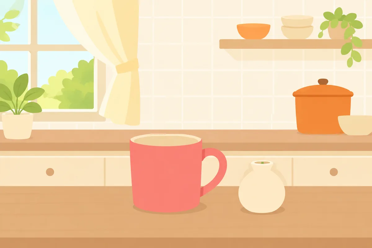 昼の光が差し込む台所に、湯気の立つマグカップが置かれているイラスト