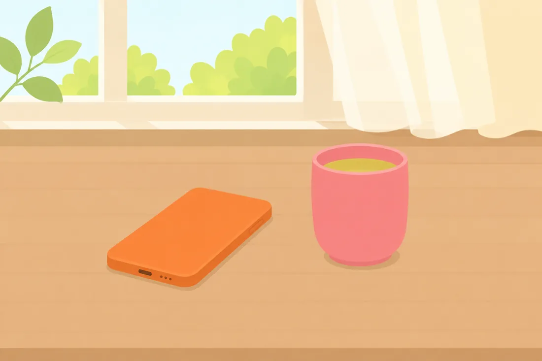 明るい窓辺の机に、スマホと湯呑みが置かれているイラスト