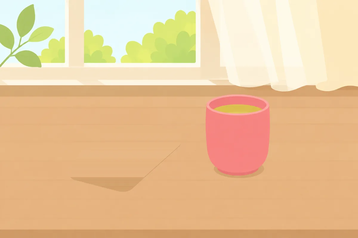 明るい窓辺の机に、スマホと湯呑みが置かれているイラスト