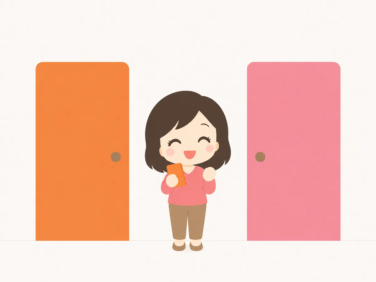 二つの扉の前で、スマホを持って立っている女性のイラスト