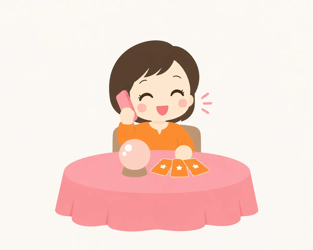 テーブルの上の水晶玉とタロットの札のそばで、電話で話している女性のイラスト