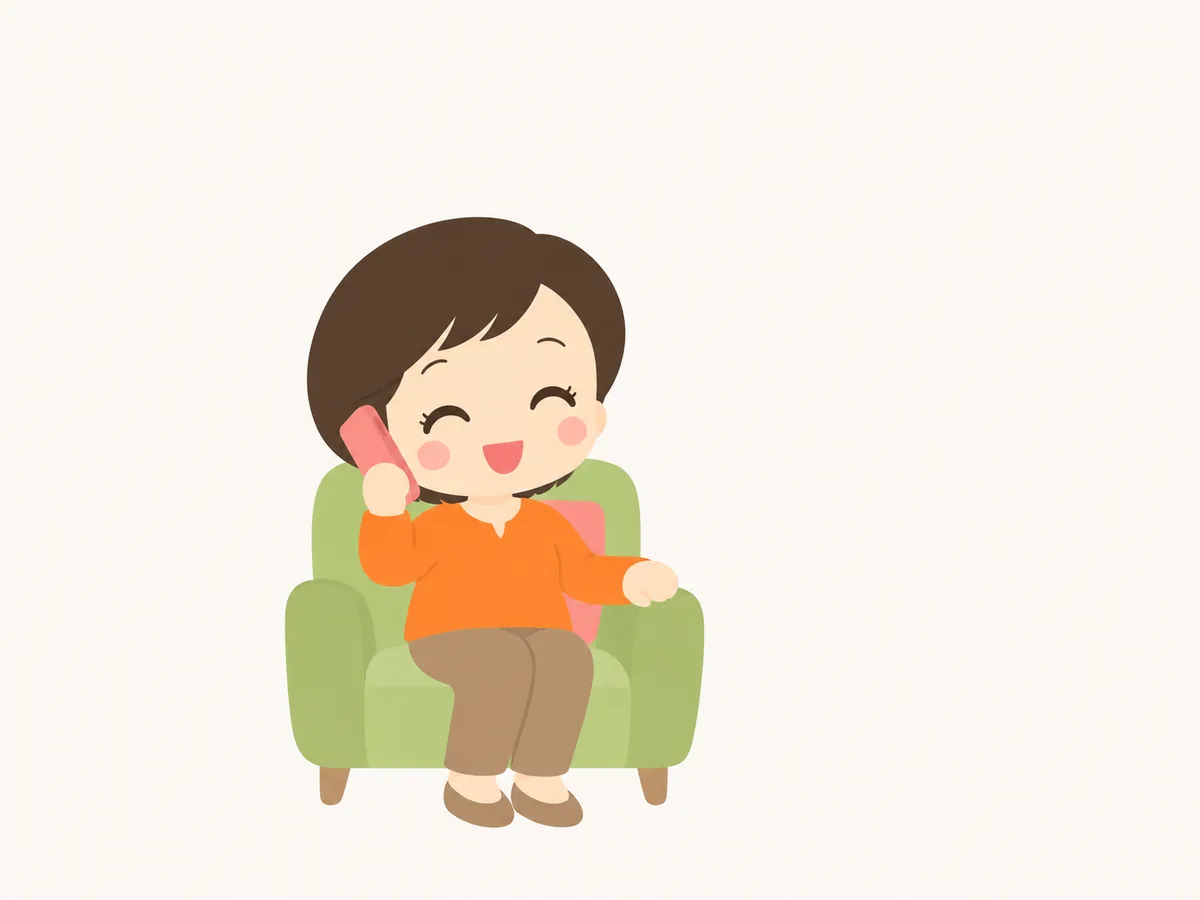 ひじ掛け椅子に座って、スマホで楽しそうに話している女性のイラスト
