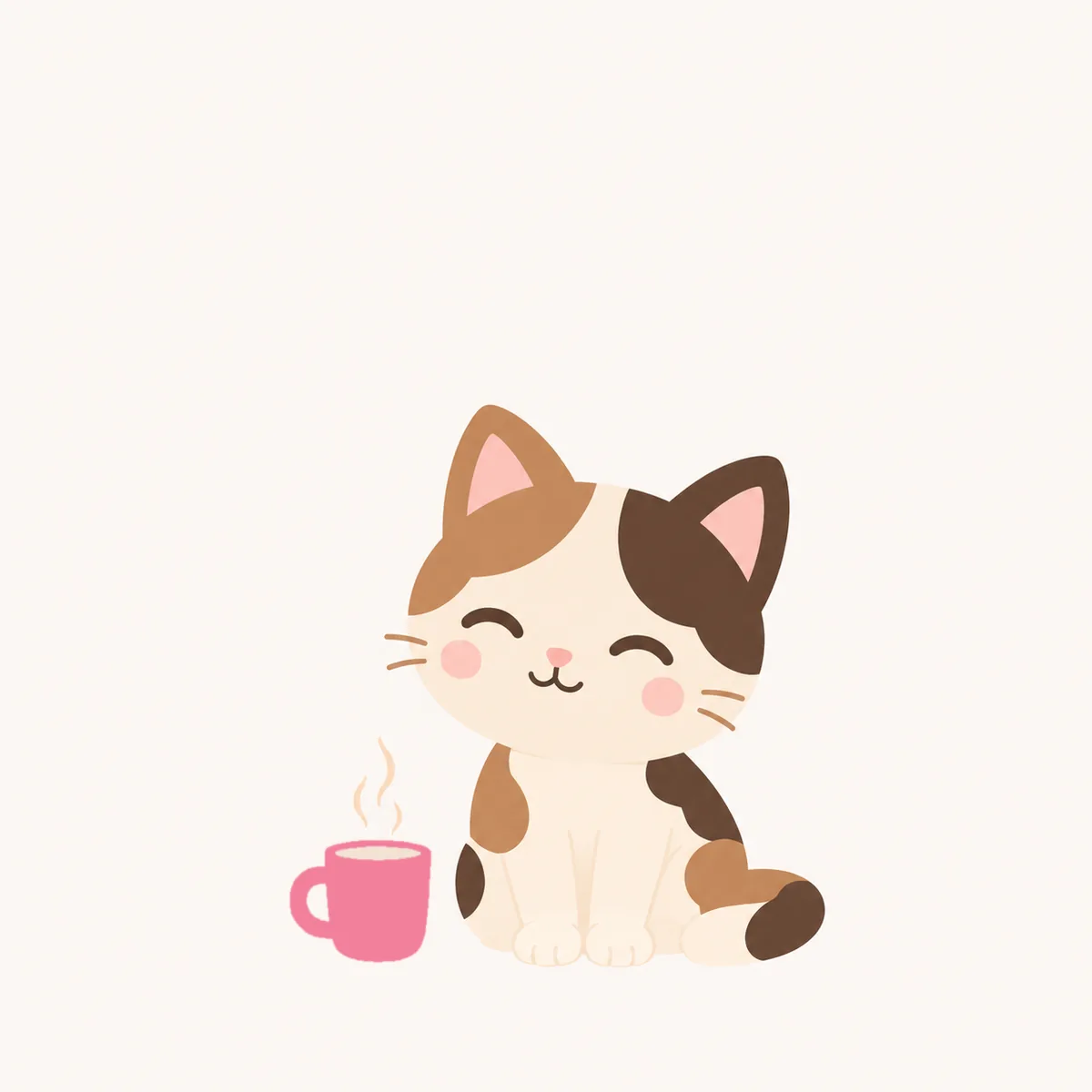 湯気の立つマグカップの横にすわって、耳をこちらへ向けている三毛猫のイラスト