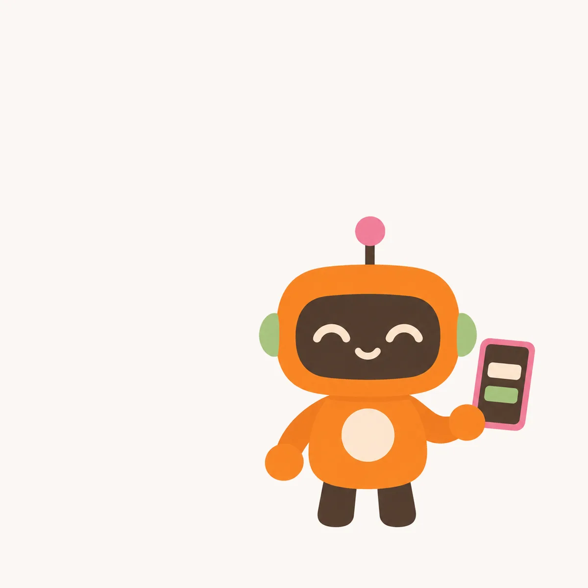 スマホを片手に持って、笑顔でこちらを向いている橙色のAIロボットのイラスト