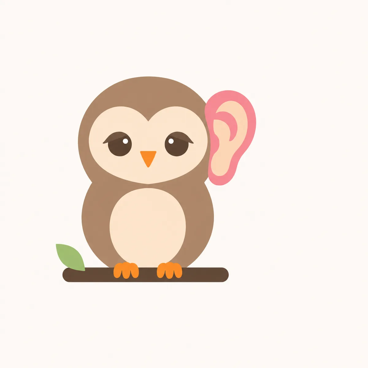 枝にとまったふくろうが、片方だけ大きくなった耳を傾けて、話を聴いているイラスト