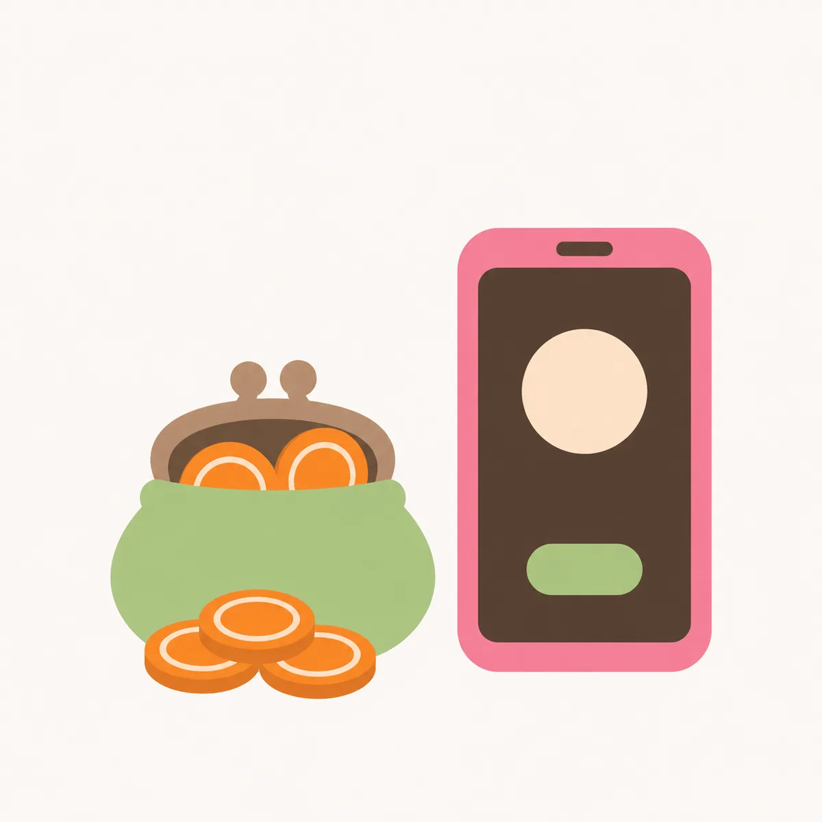 がま口の財布から硬貨が跳ねて、通話中のスマホに入っていくイラスト